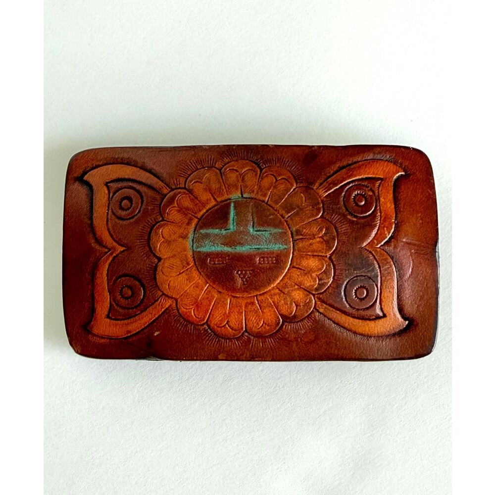 Native American Tooled Leather Belt Buckle Sunface Butterfly Southwestern